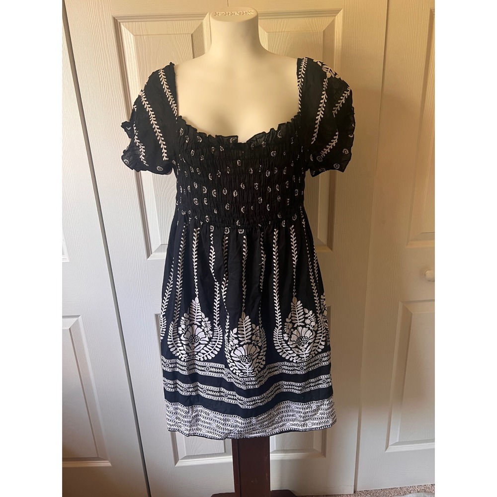 Western 100% Cotton Mini Dress Boho Puff Sleeve Babydoll Coastal Cowgirl Large